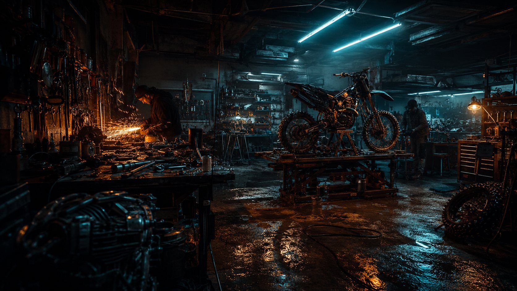 Atelier mécanique de nuit, établi, moto sur pont et étincelles