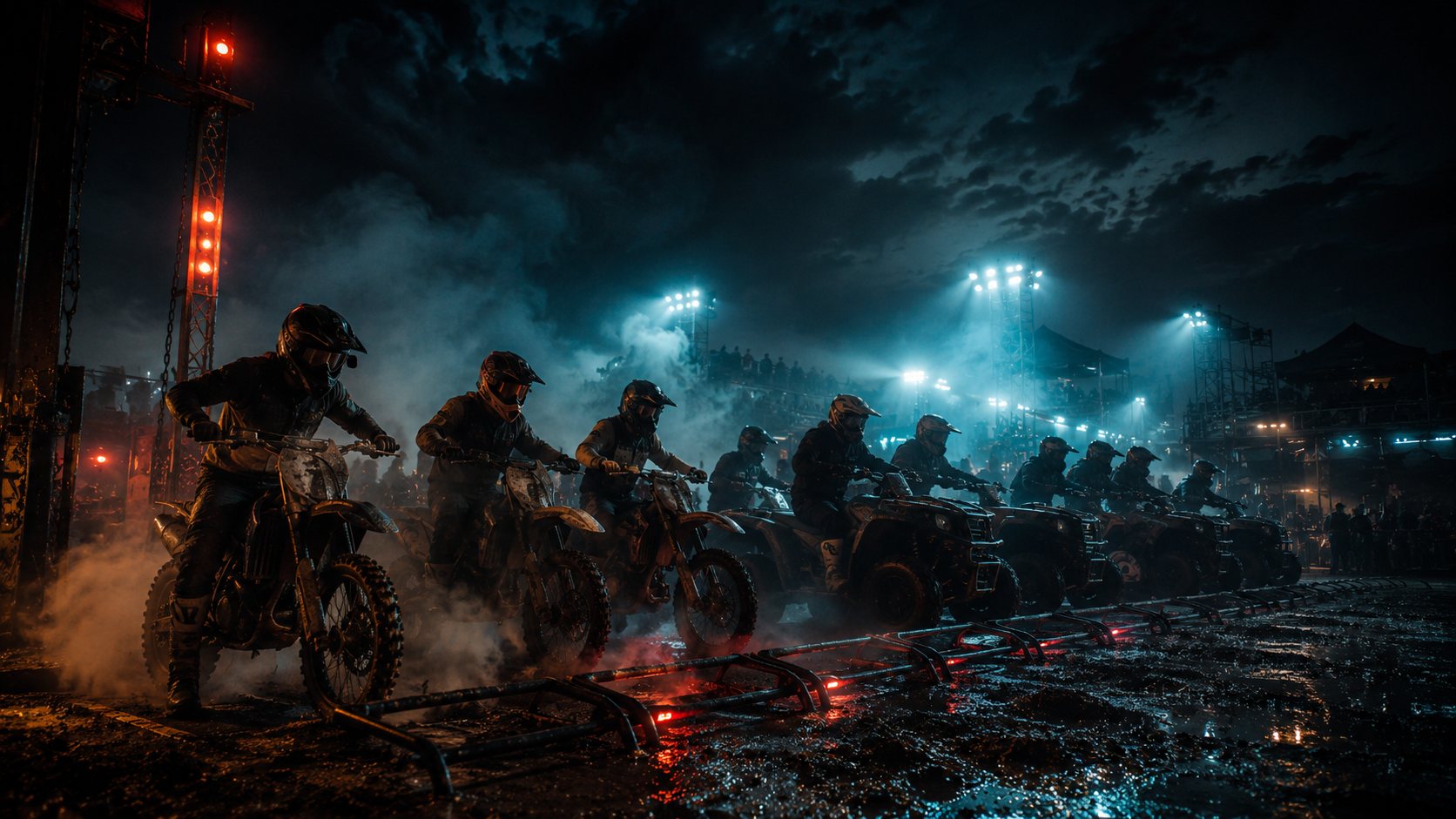 Ligne de départ nocturne, pilotes de motocross et quads alignés