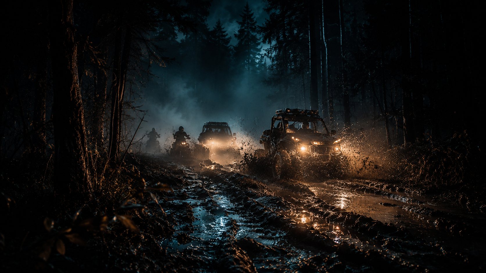 Phares de 4x4 et quads dans un chemin boueux de forêt la nuit