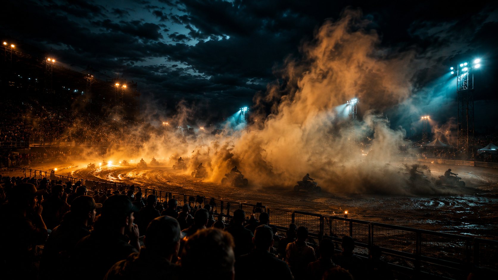 Nuage de poussière sur la piste vu des tribunes, foule en contre-jour
