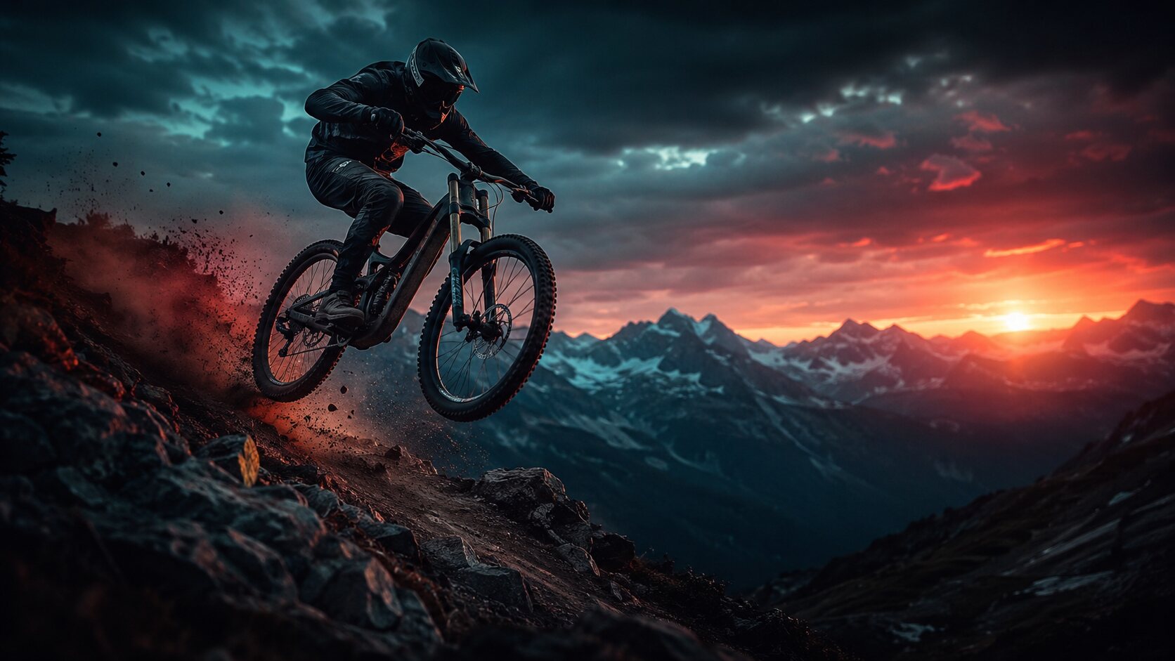 VTT downhill en plein saut sur sentier alpin