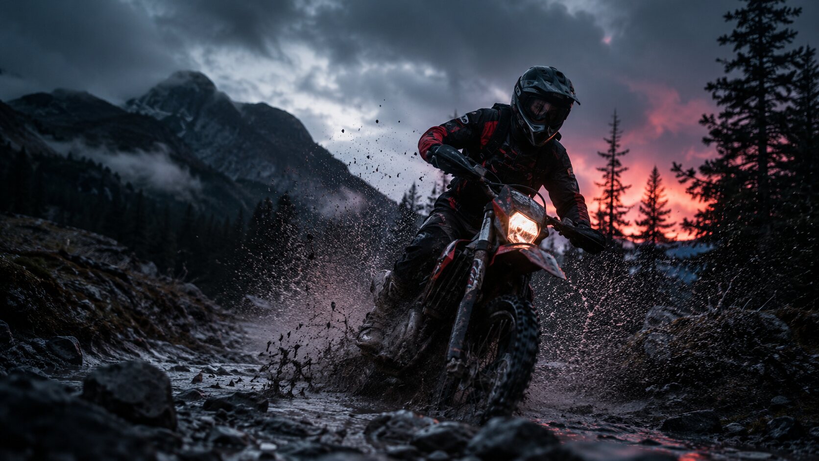 Moto enduro sur sentier alpin boueux