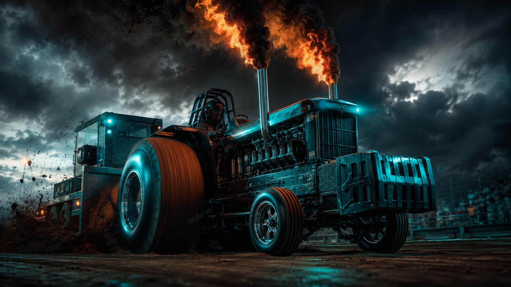 Tracteur de pulling turbocompressé tractant une remorque