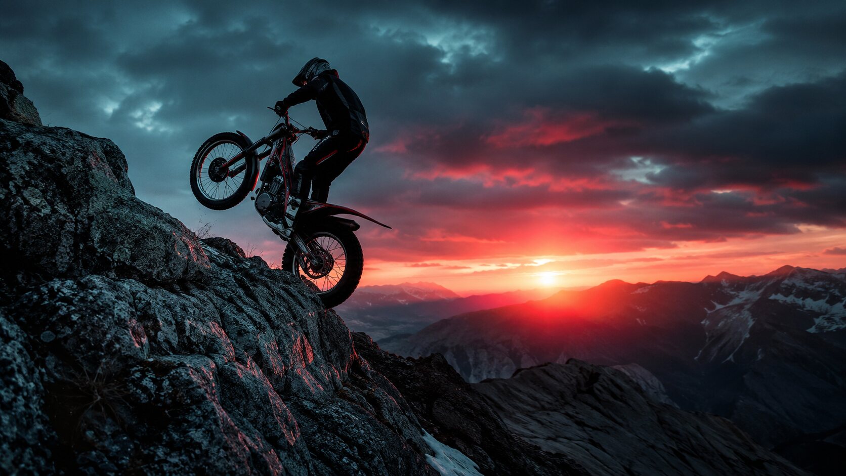 Trial moto sur rocher au coucher de soleil